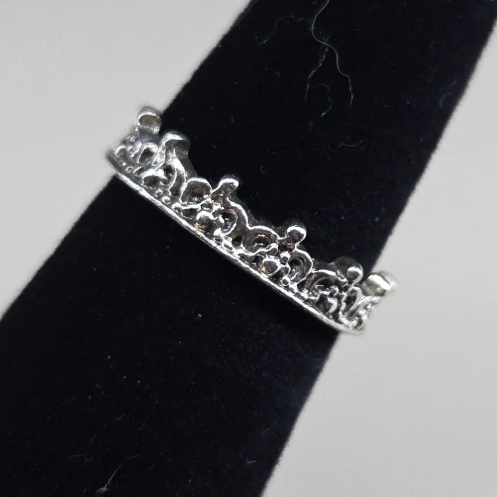 Silver Tone Crown Tiara Band Ring Filigree Princess Stackable Size 7